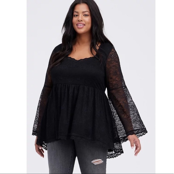 NWT TORRID BELL-SLEEVE BABYDOLL TOP - LACE BLACK - Picture 1 of 5